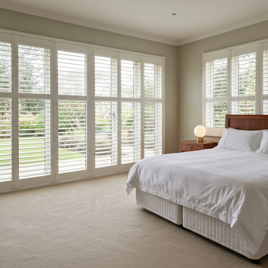 Elegant white plantation shutters in bedroom